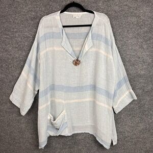 Stella Moda Linen‎ Italy Tunic Top Womens Blue White Striped Boho Button Detail